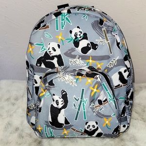 Panda Bears with bamboo backpack. Gray background.